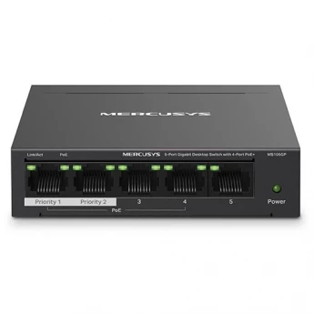 Внешний вид: Mercusys MS105GP 5-Port Gigabit Desktop Switch with 4-Port PoE+ Mercusys MS105GP 5-Port Gigabit Desktop Switch with 4-Port PoE+