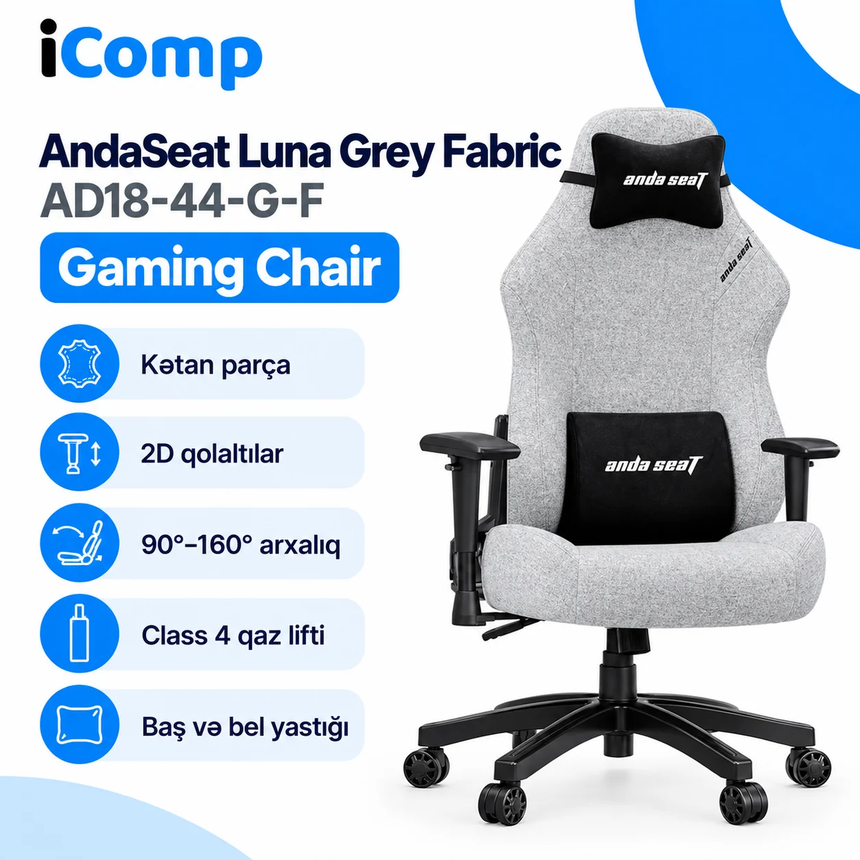 AndaSeat Luna Grey Fabric (AD18-44-G-F) Gaming Chair