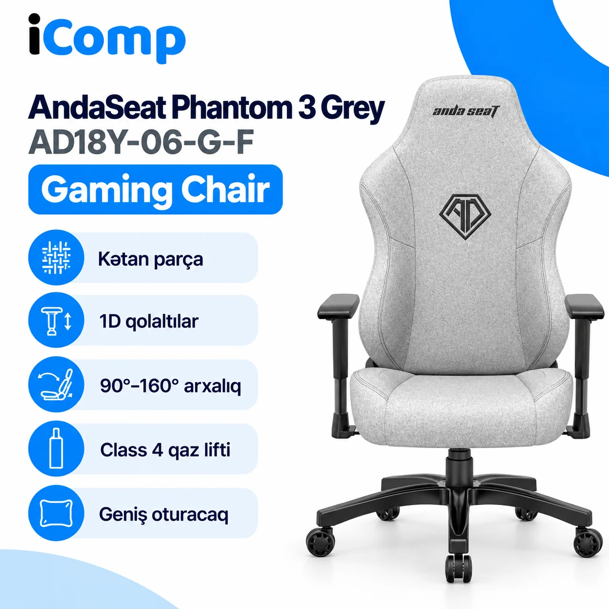 AndaSeat Phantom 3 Grey Fabric (AD18Y-06-G-F) Gaming Chair