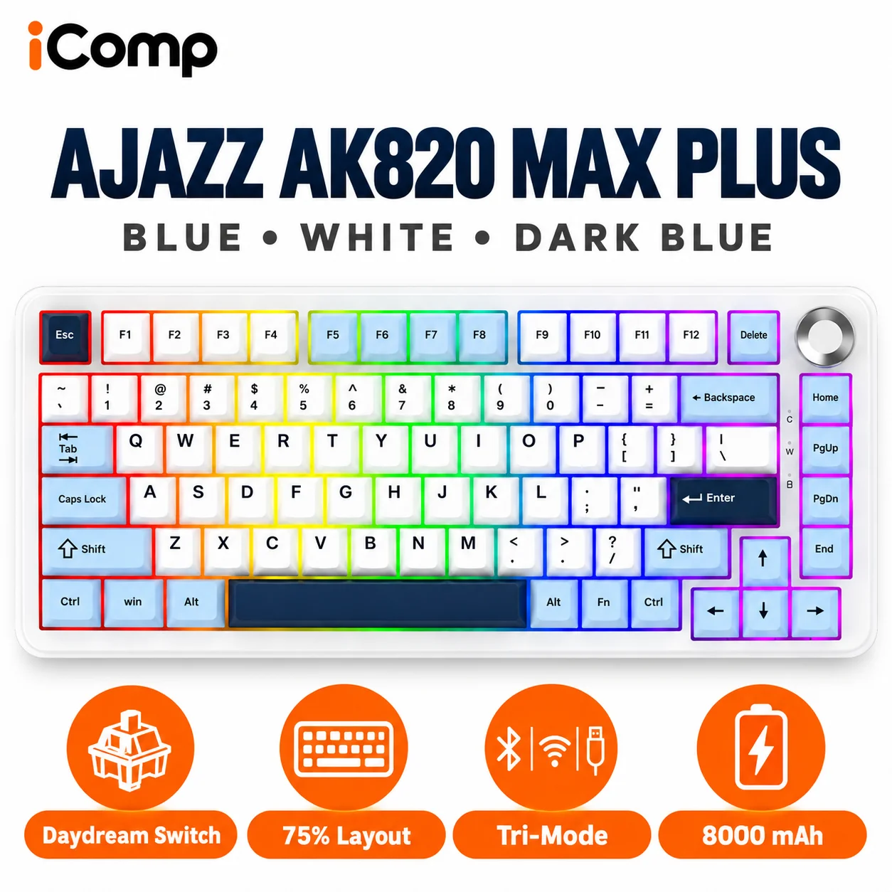 Ajazz AK820 Max Plus Blue-White-Dark Blue Gaming Keyboard
