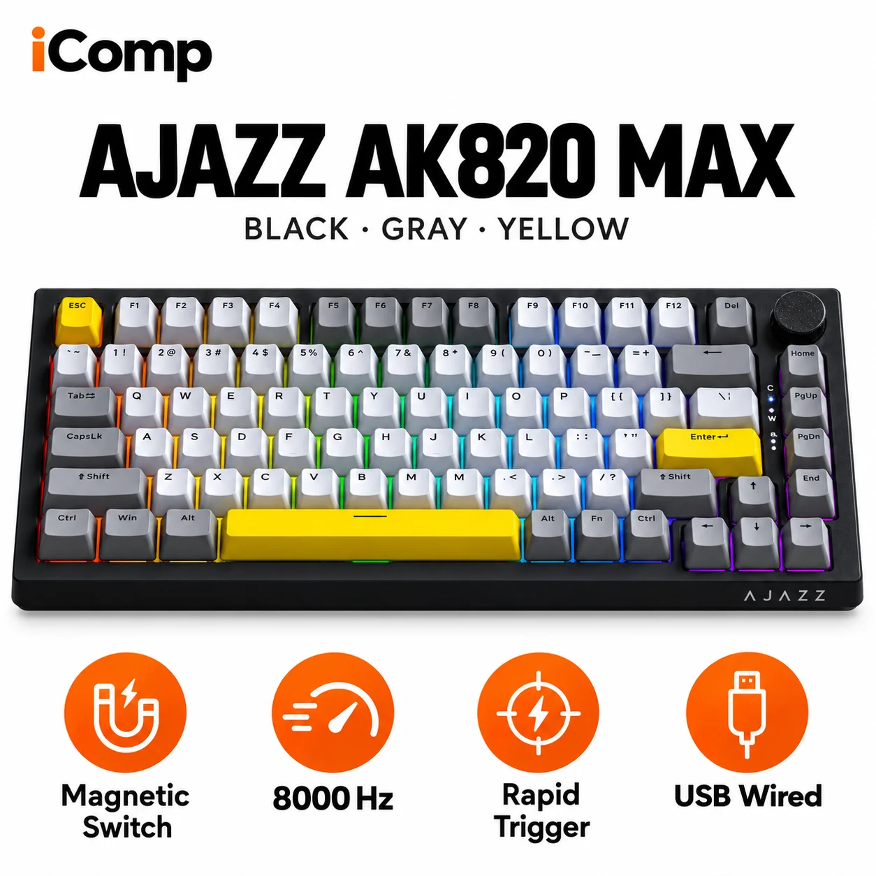 Ajazz AK820 Max Black-Gray-Yellow Gaming Keyboard