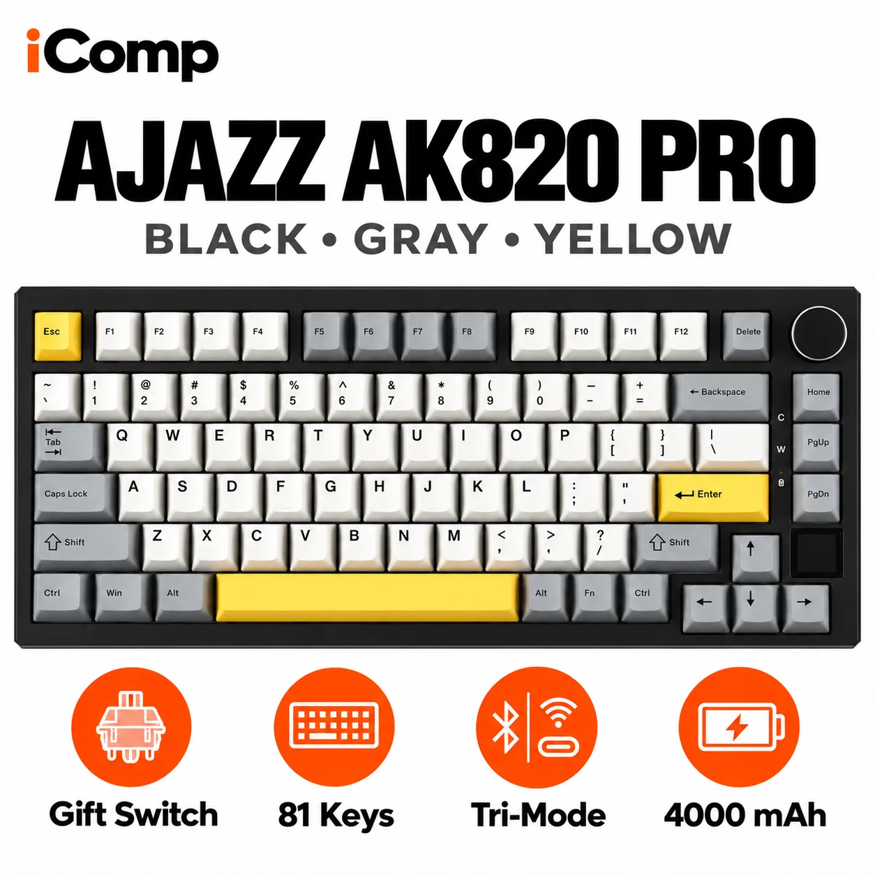 Ajazz AK820 Pro Black-Gray-Yellow Gaming Keyboard