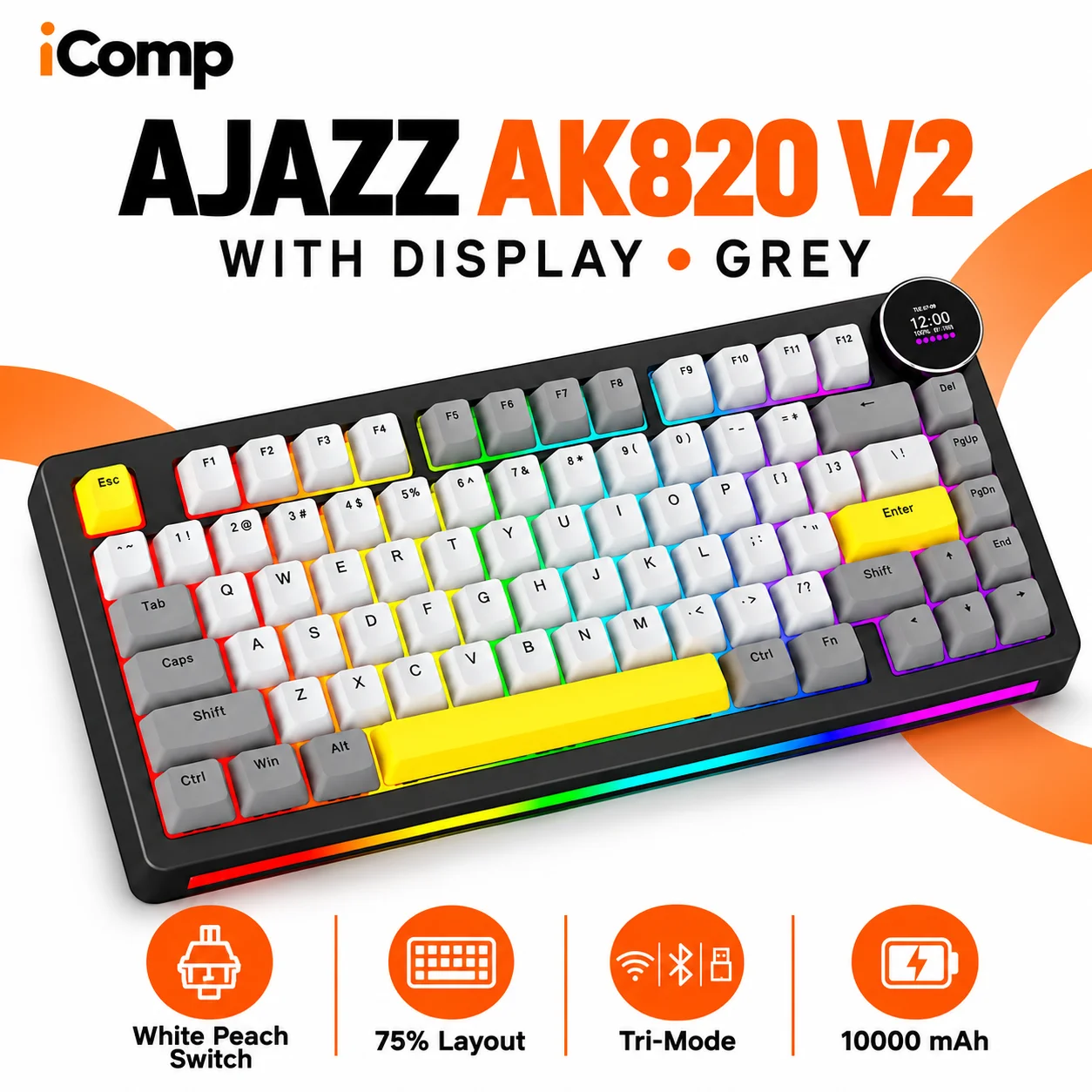Ajazz AK820 V2 with Display Grey Gaming Keyboard