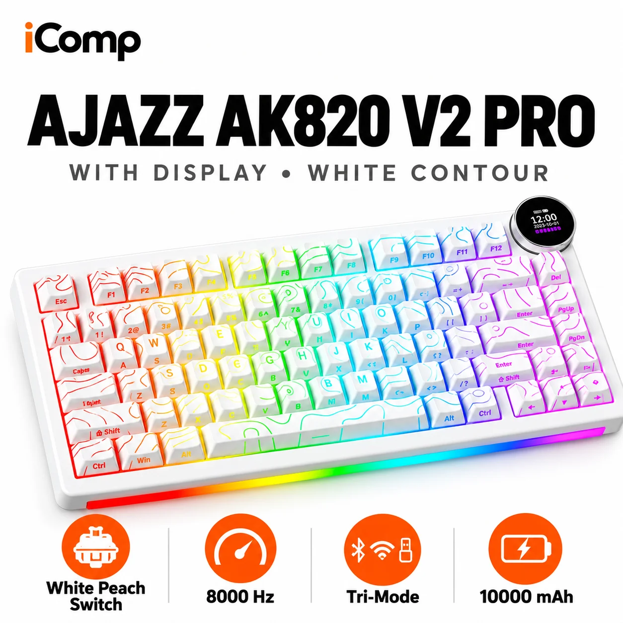 Ajazz AK820 V2 Pro with Display White Contour Gaming Keyboard