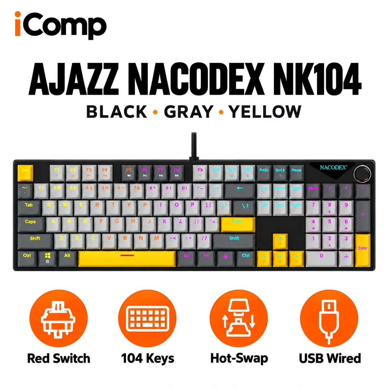 Ajazz Nacodex NK104 Black-Gray-Yellow Gaming Keyboard
