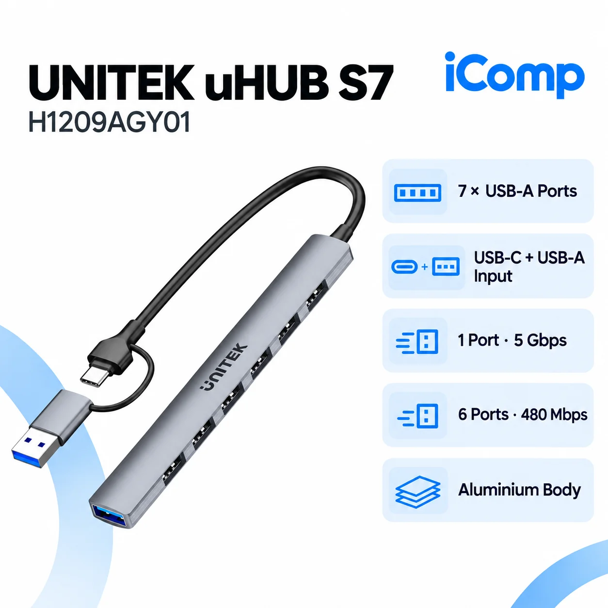 UNITEK uHUB S7 7-Port USB-A Hub (H1209AGY01)