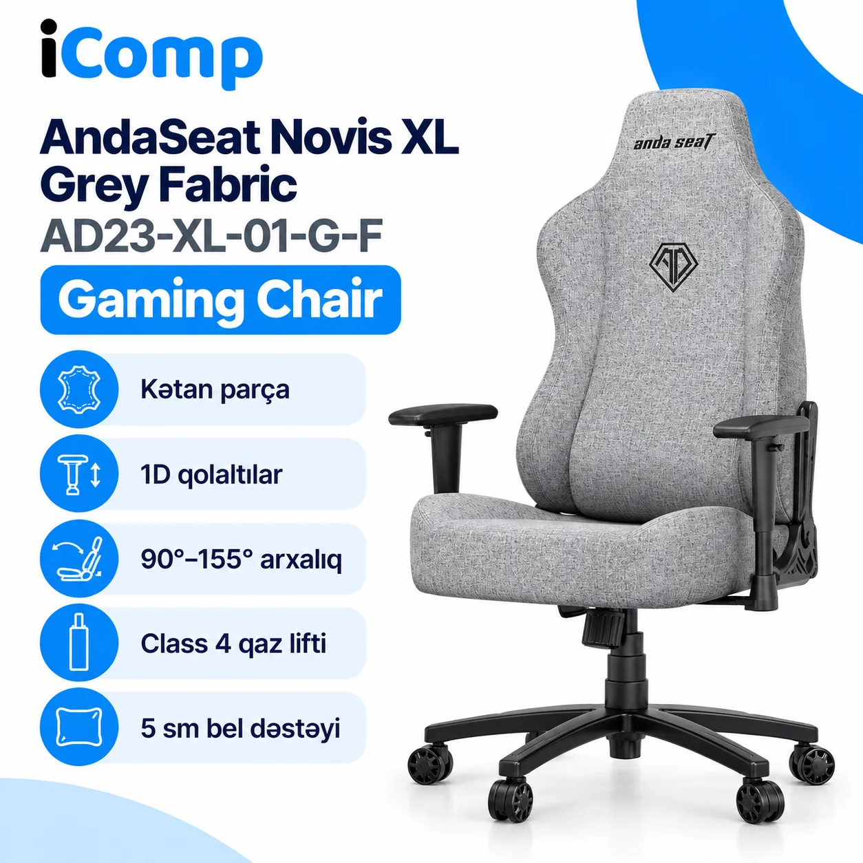 AndaSeat Novis XL Grey Fabric (AD23-XL-01-G-F) Gaming Chair