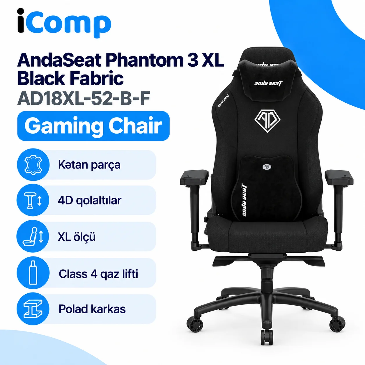 AndaSeat Phantom 3 XL Black Fabric (AD18XL-52-B-F) Gaming Chair