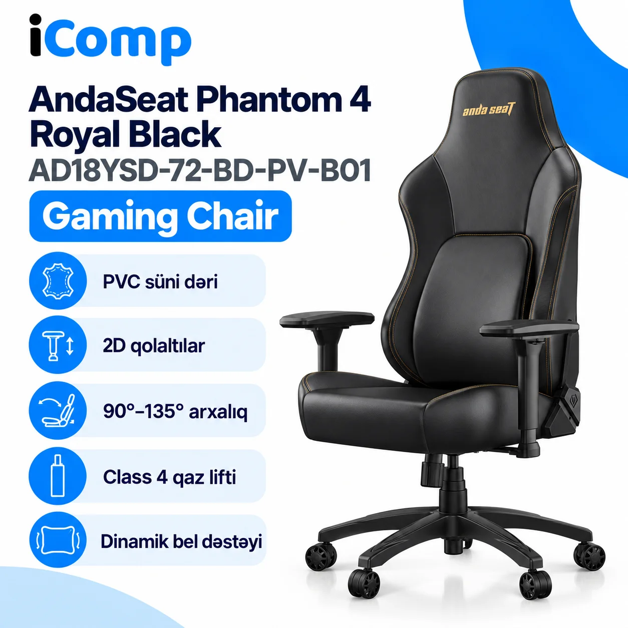 AndaSeat Phantom 4 Royal Black (AD18YSD-72-BD-PV-B01) Gaming Chair