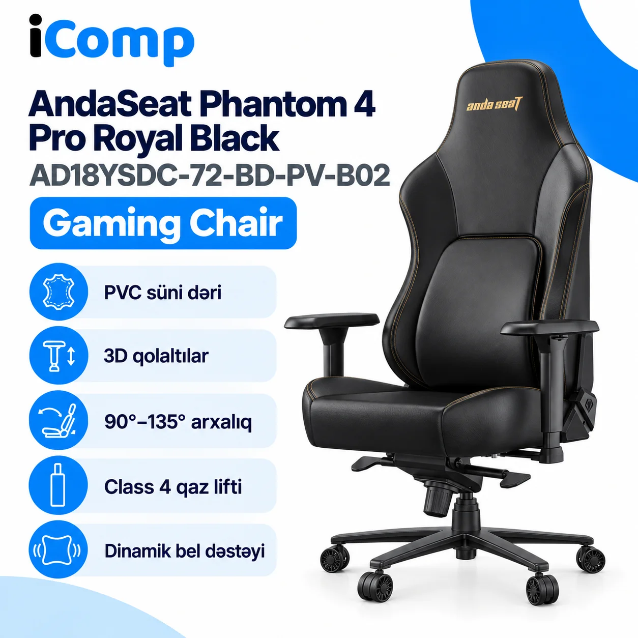 AndaSeat Phantom 4 Pro Royal Black (AD18YSDC-72-BD-PV-B02) Gaming Chair